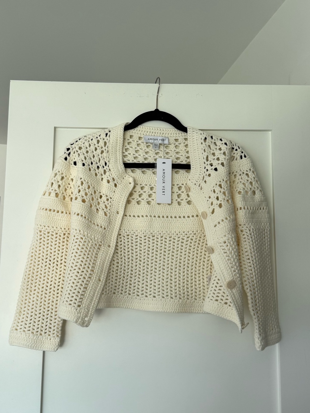 NWT Amour Vert Cream Crochet Button-Front Cardigan